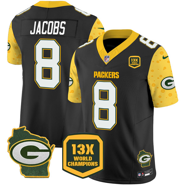 Men's Green Bay Packers #8 Josh Jacobs Cheese Black 2024 F.U.S.E. 13 Time World Champions And Home Patch Vapor Untouchable Limited Stitched Football Jersey